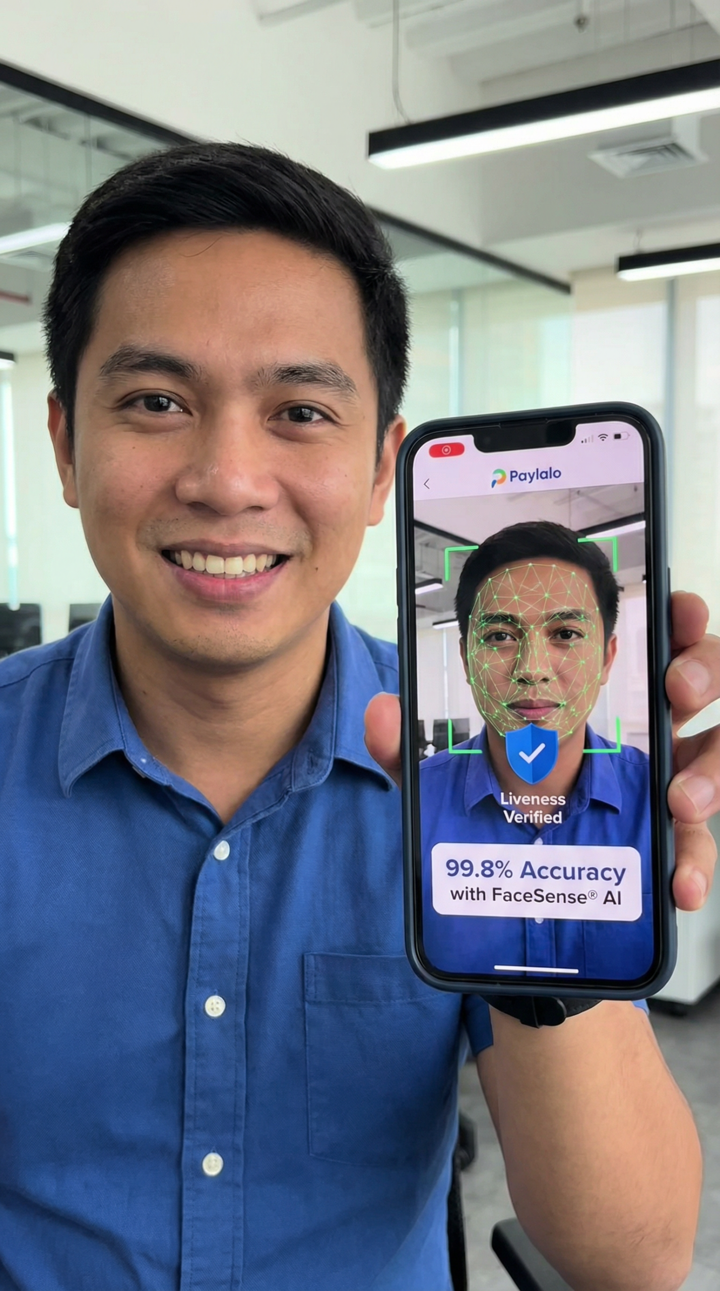 Close-up of an Android phone performing a FaceSense AI scan