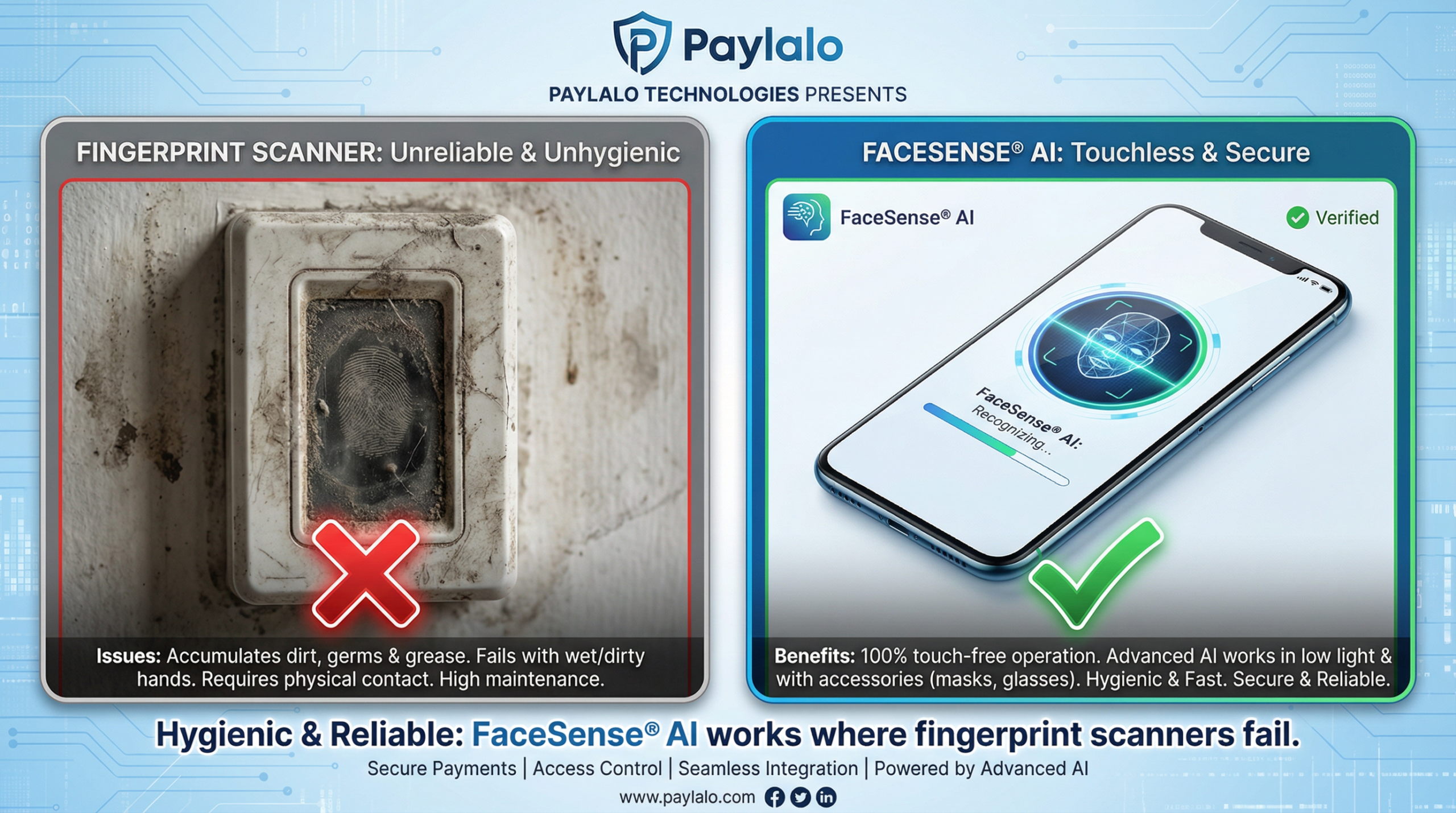 Comparison graphic showing a dirty fingerprint sensor vs hygienic FaceSense AI