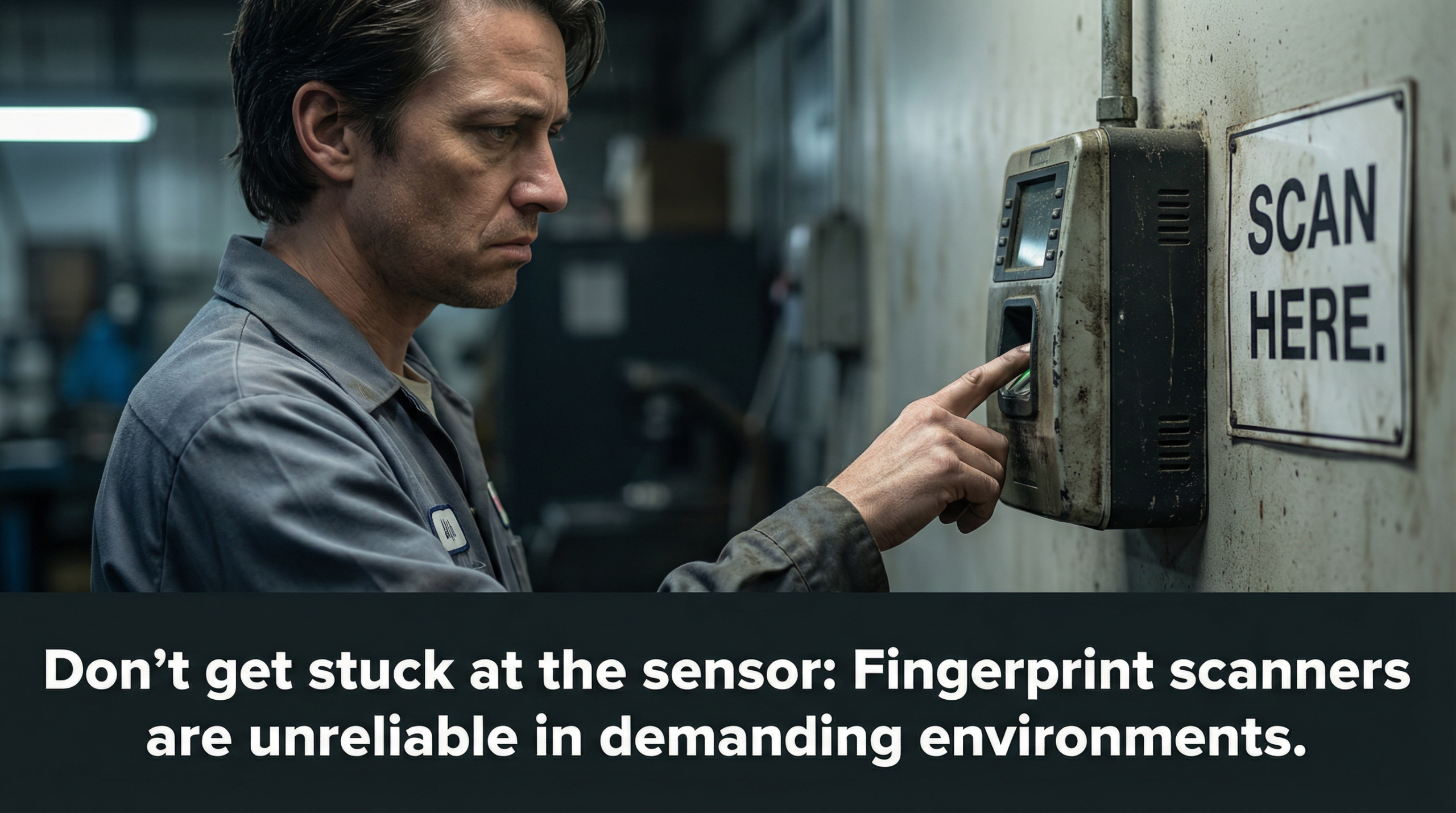 A frustrated employee trying to scan their finger on a dusty biometric sensor