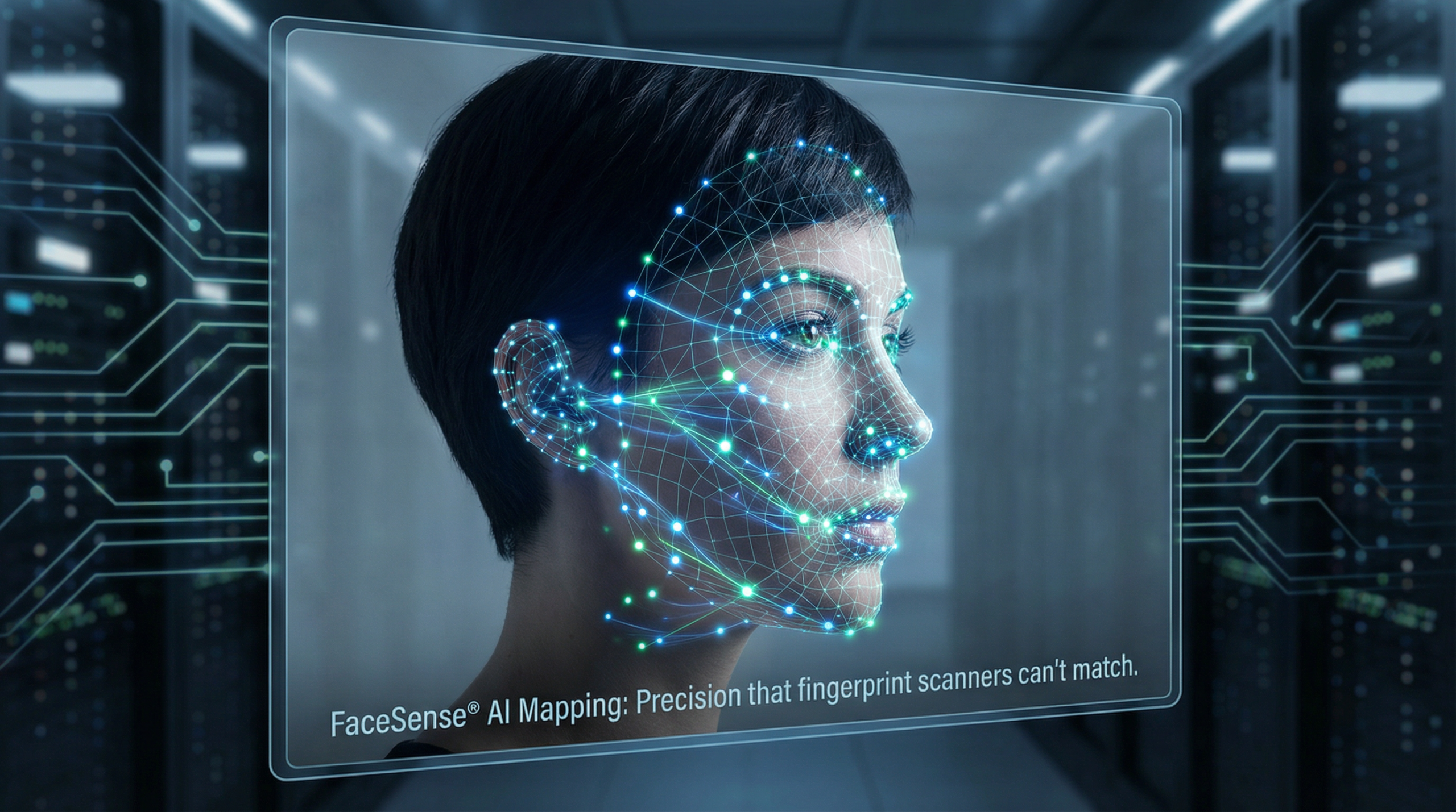 High-tech visualization of facial landmark points mapped onto a human face