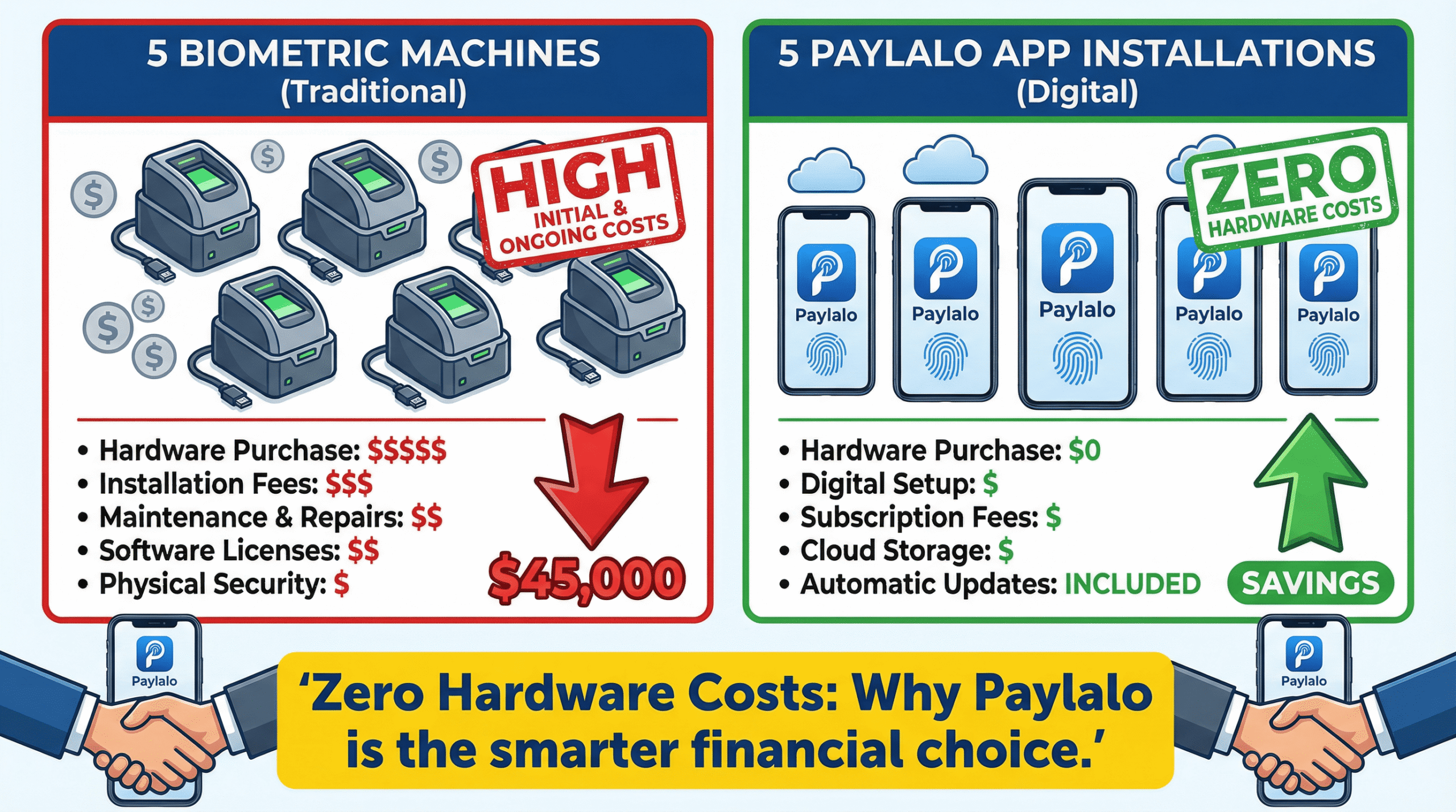 Side-by-side cost breakdown infographic comparing biometric machines vs Paylalo app installations