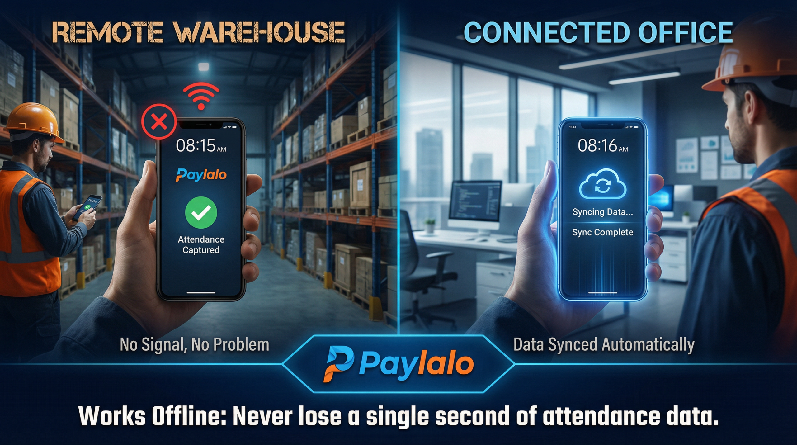 Split-screen graphic showing an employee capturing offline attendance and then syncing data once connected